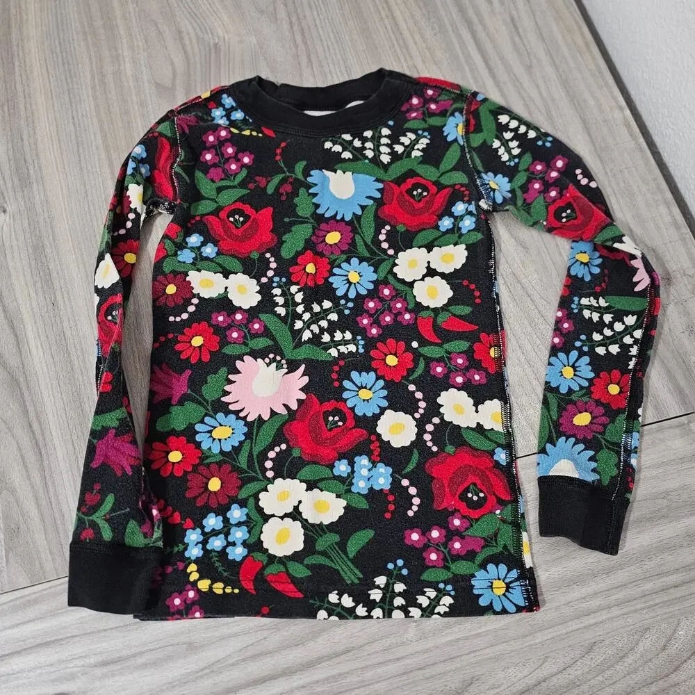 Hanna Andersson Pajama Set Black Red Blue Green Floral Flowers Festive Girls 6-7